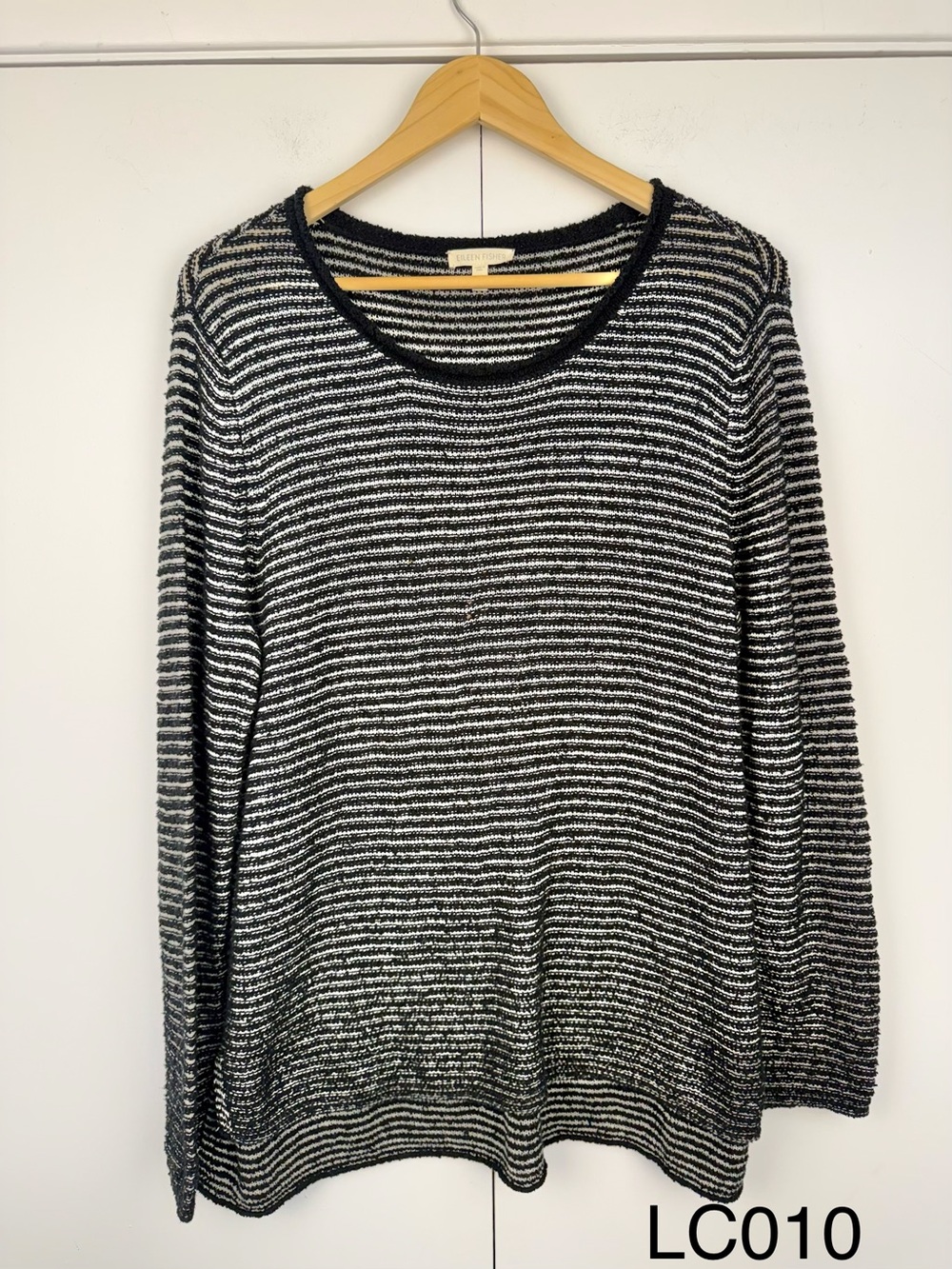 Eileen Fisher Black White Striped Textured Knit Sweater L